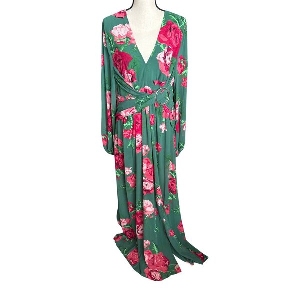 NWT Green Maxi Dress Pink Floral Print Sheer Long Sleeves Neckline Side Slit XL - Picture 2 of 8